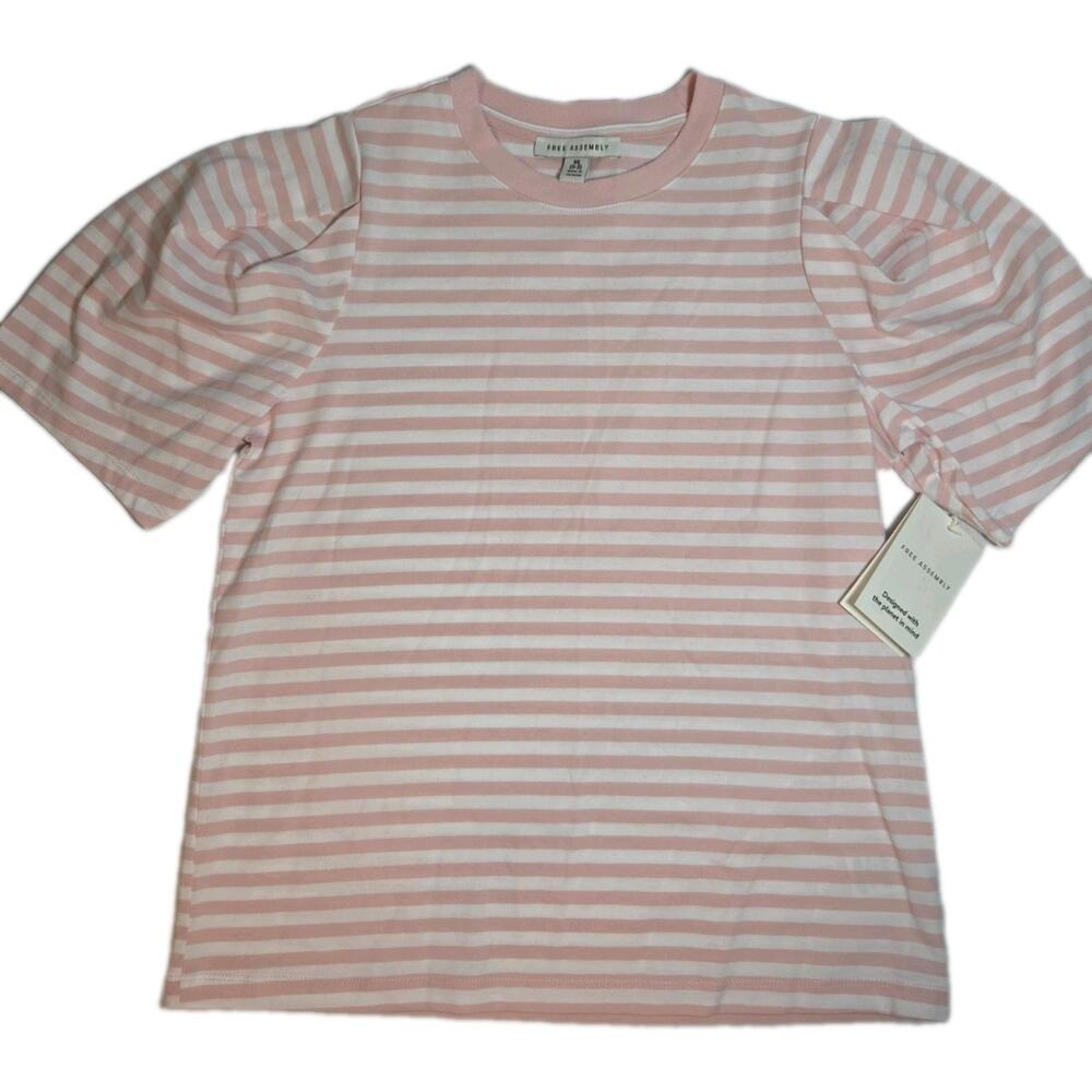 Free Assembly NWT Pink White Striped Puff Sleeve T-Shirt Tee Top Women's Size XS